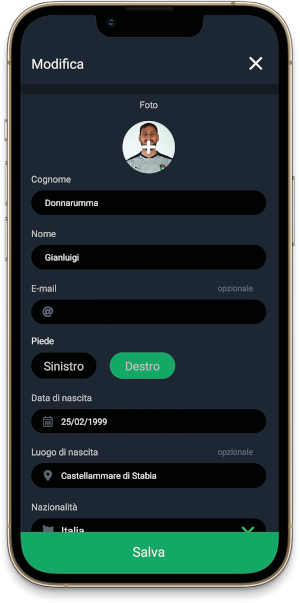 Profilo giocatore YouCoachApp mobile